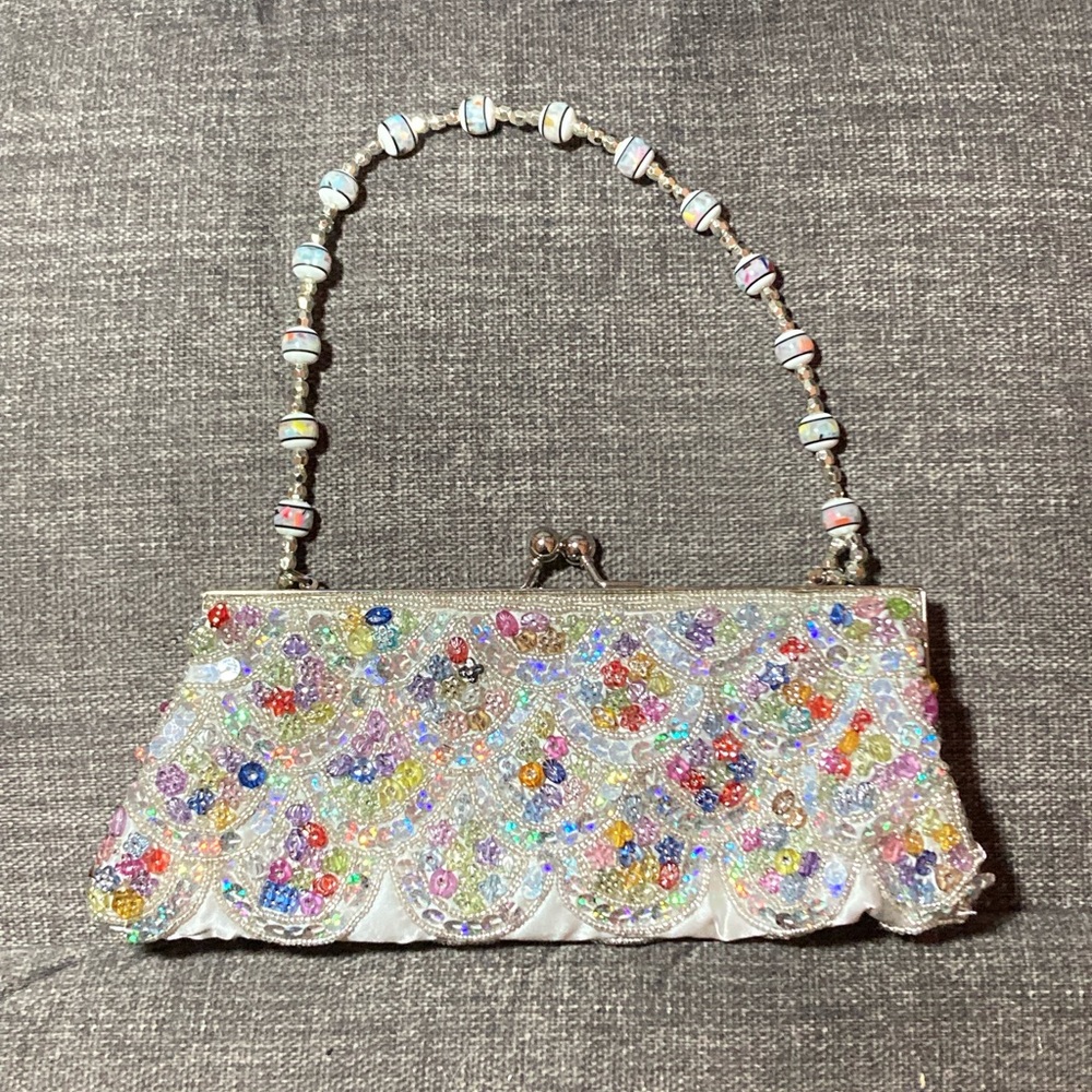 Multicolored beaded evening clutch purse with silver sequins